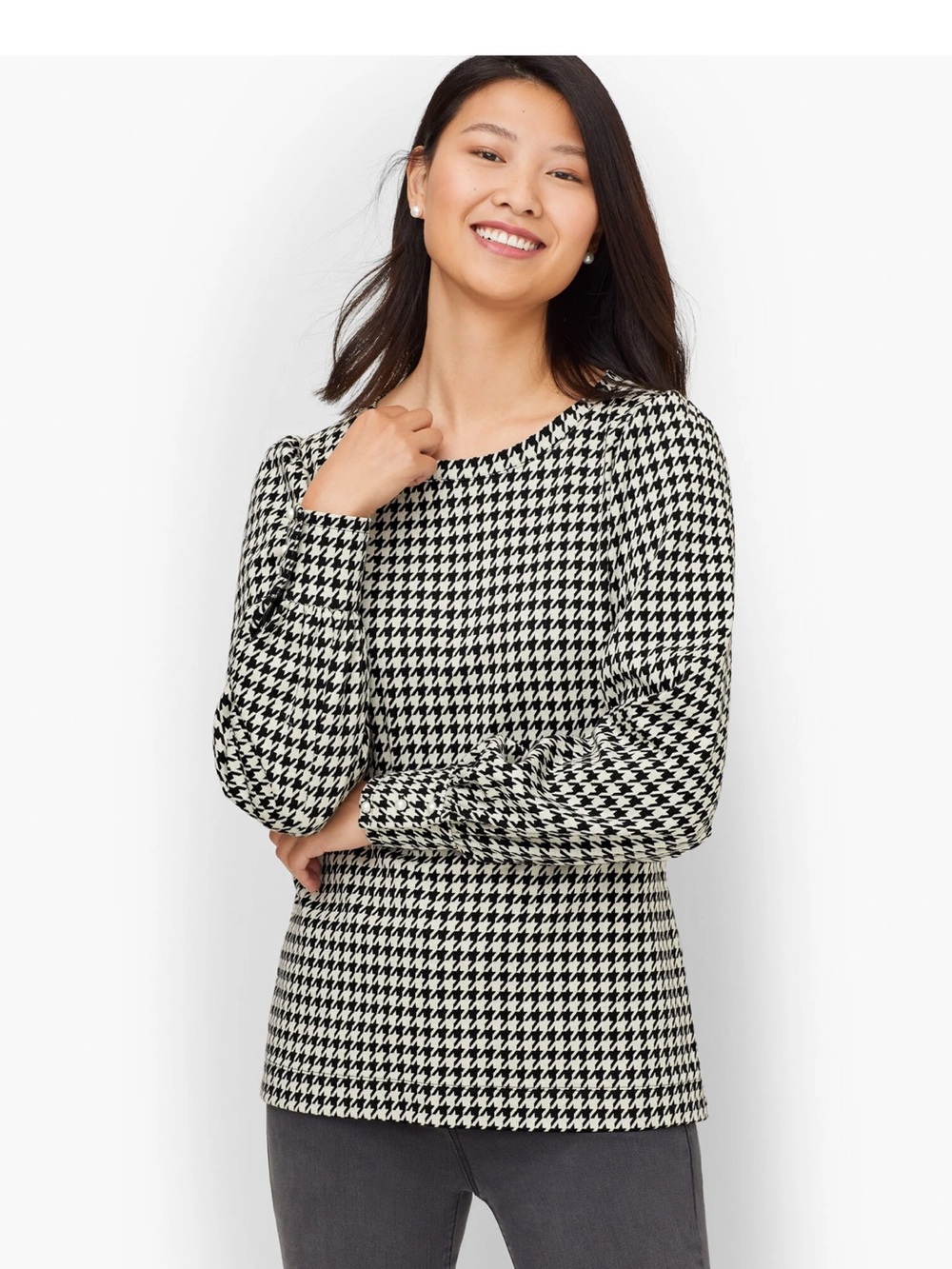Talbots Button Cuff Top Black & White Houndstooth